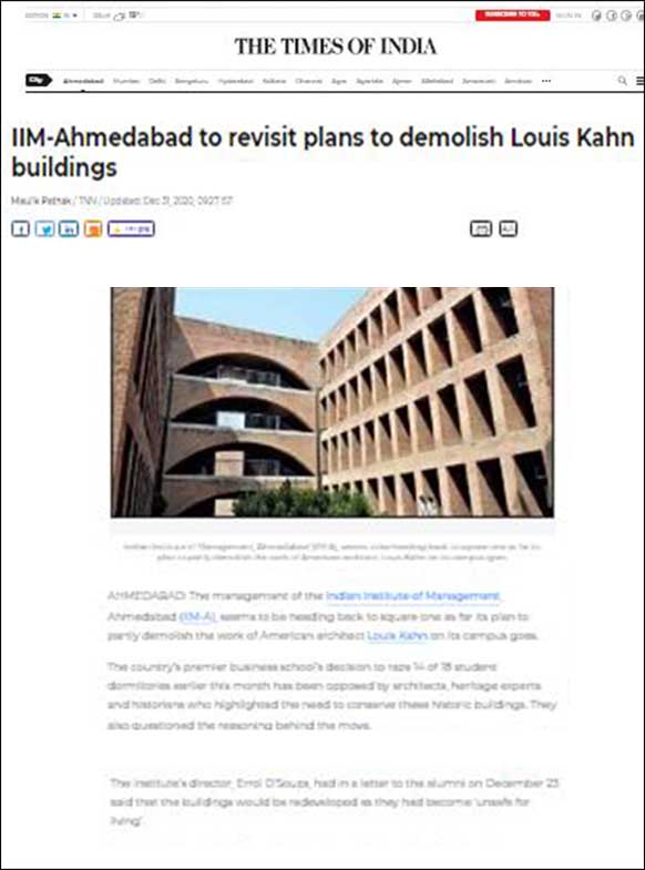 IIM-Ahmedabad to revisit plans to demolish Louis Kahn building, Time of India